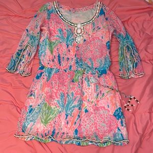 Lilly Pulitzer Rare- Delisa tunic caftan Beaded Dress Lets Cha cha coral pink